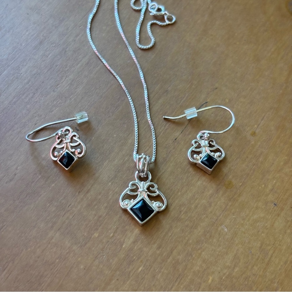 Sterling Silver .925 Black Onyx RJ Necklace And Earring Set